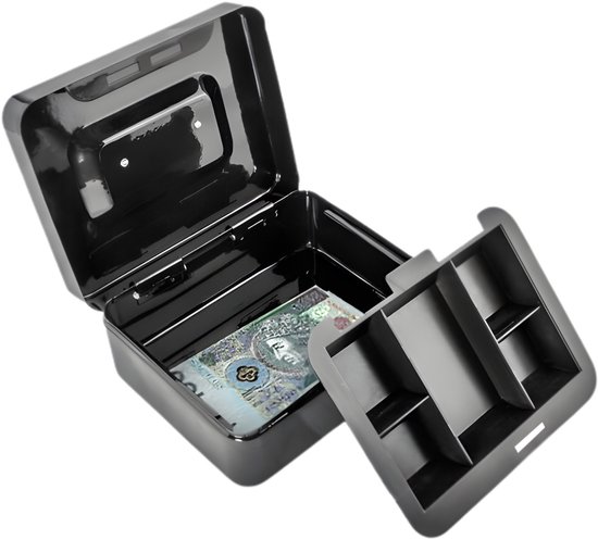 Malatec Geldkist met slot - zwart - PP/ijzer - 20 x 16 x 9 cm - geldbox - kluis/spaarpot - incl 2 sleutels