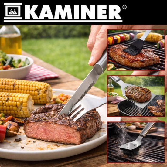 Kaminer Complete barbecue gereedschapset 26 delig met rvs grilltools, steakmessen, spiesen en aluminium opbergkoffer