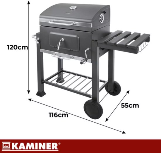 Kaminer Zwarte houtskool barbecue 116 x 70 x 110 cm met thermometer en zijtafel