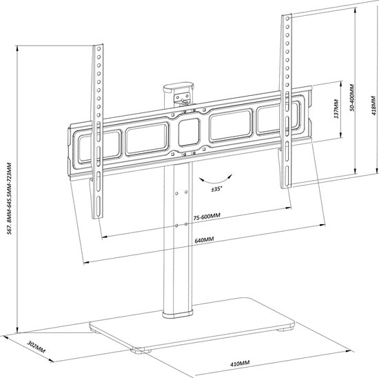 Maclean MC-386 - TV-beugel 32-75" - Universele TV-standaard voor RTV-kaststandaard - max 40kg - VESA 600x400