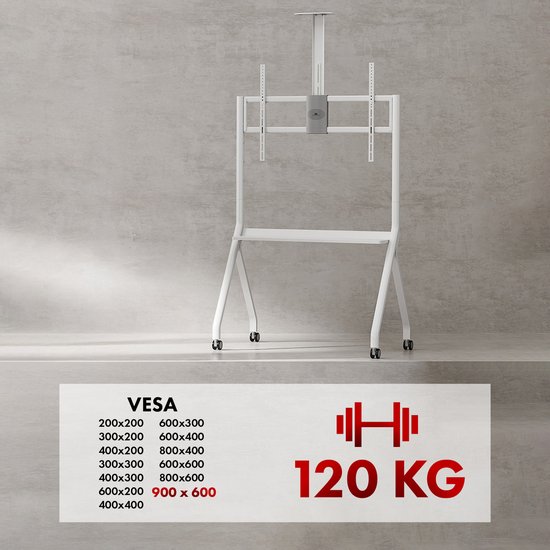 Maclean TV-standaard / trolley, camera plank, op wielen, 55-100", max. belasting 120kg/10kg plank, max. VESA 900x600, wit, MC-114 W