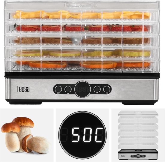Teesa Voedsel Dehydrator 400W – 5 Transparante Droogrekken voor Paddenstoelen, Groenten & Fruit – Digitale Display met Thermostaat & Timer – Warme Lucht Circulatie – Efficiënte Voedsel Droger voor Thuis