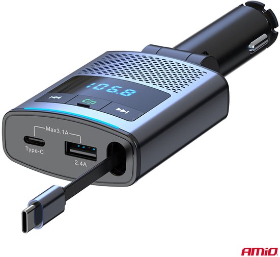 AMiO Car FM Transmitter – Bluetooth – USB-A en USB-C – Ingebouwde Uittrekbare USB-C Kabel – 12V/24V – Handsfree en Snelladen