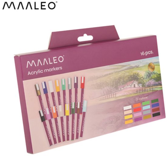 Maaleo Acrylmarkers Set 16 Kleuren – 8 ml, Sterke Dekking, Waterbestendig na Droging