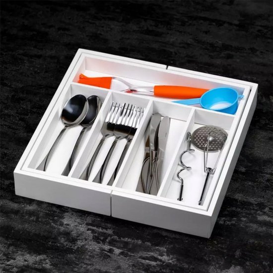 Kinghoff Bamboe Lade-organizer Wit - Uitschuifbaar (31-52 cm) - 7 Opbergvakken - Besteklade Opbergdoos - Natuurlijk Bamboe - Bestekla Organizer