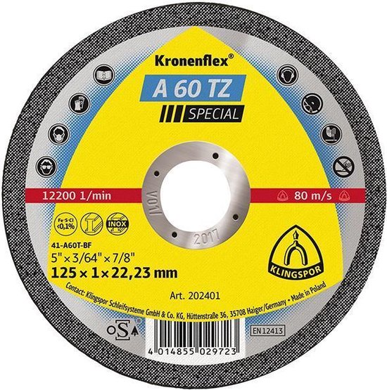 KLINGSPOR doorslijpschijf A 60 TZ Speciaal Ø 125 x 1 mm recht - 2...