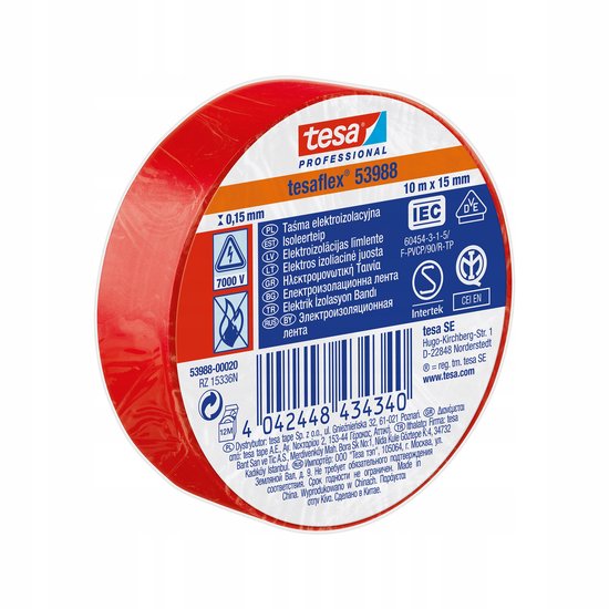 Tesa Tesaflex 53988 Elektrische Isolatietape Rood 15mm x 10m