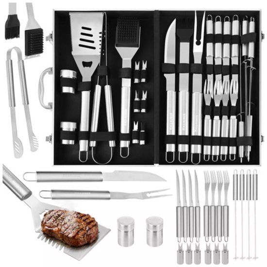 Kaminer Complete barbecue gereedschapset 26 delig met rvs grilltools, steakmessen, spiesen en aluminium opbergkoffer