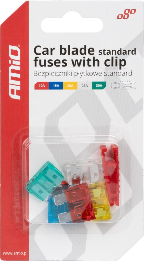 AMiO Standaard Auto Zekeringen Blade Fuses Set 10A/15A/20A/25A/30A met Clip